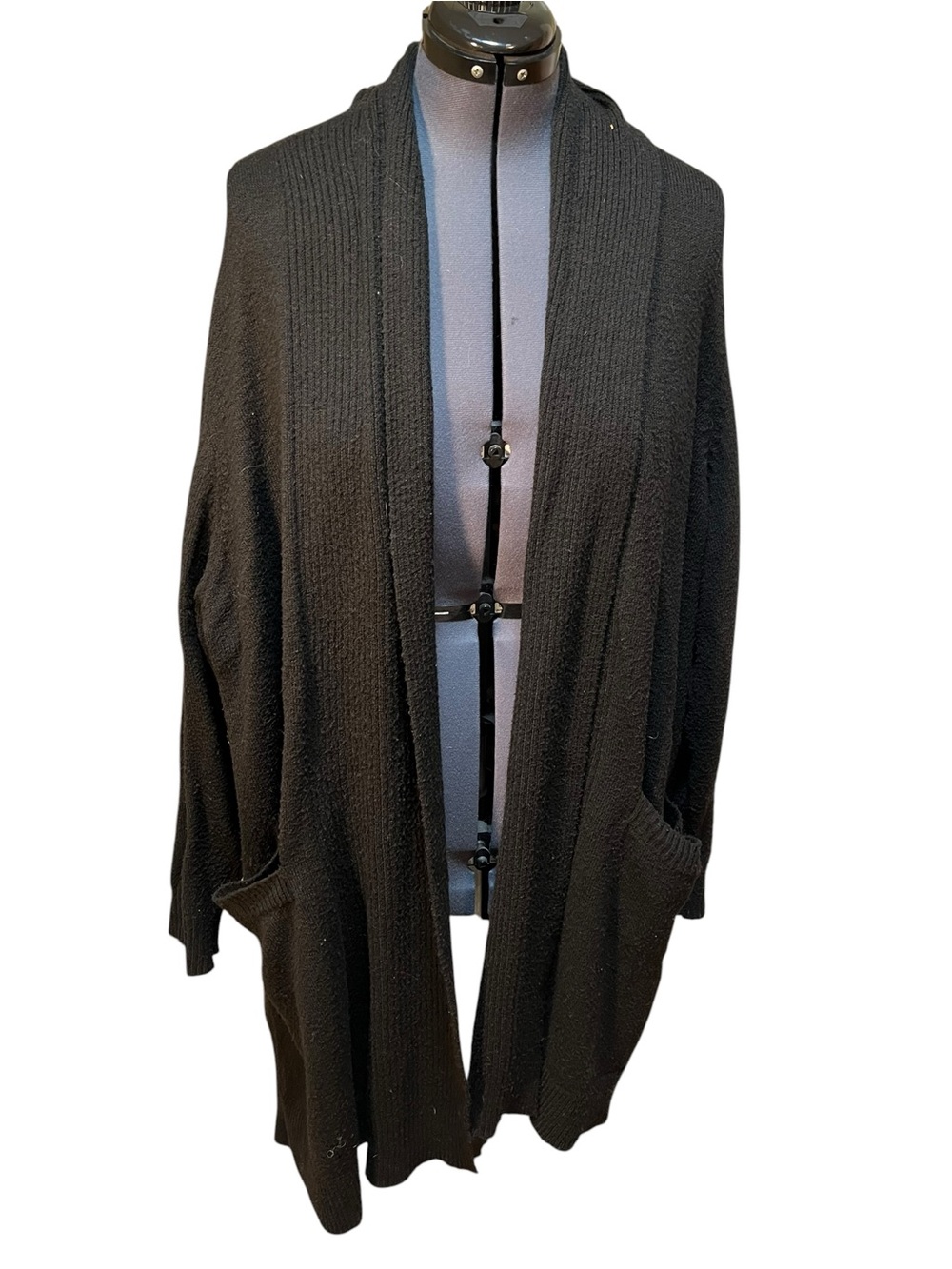 Lane Bryant Womens Plus Sz 26/28 Open Front Duster Cardigan Black Ribbed Pockets